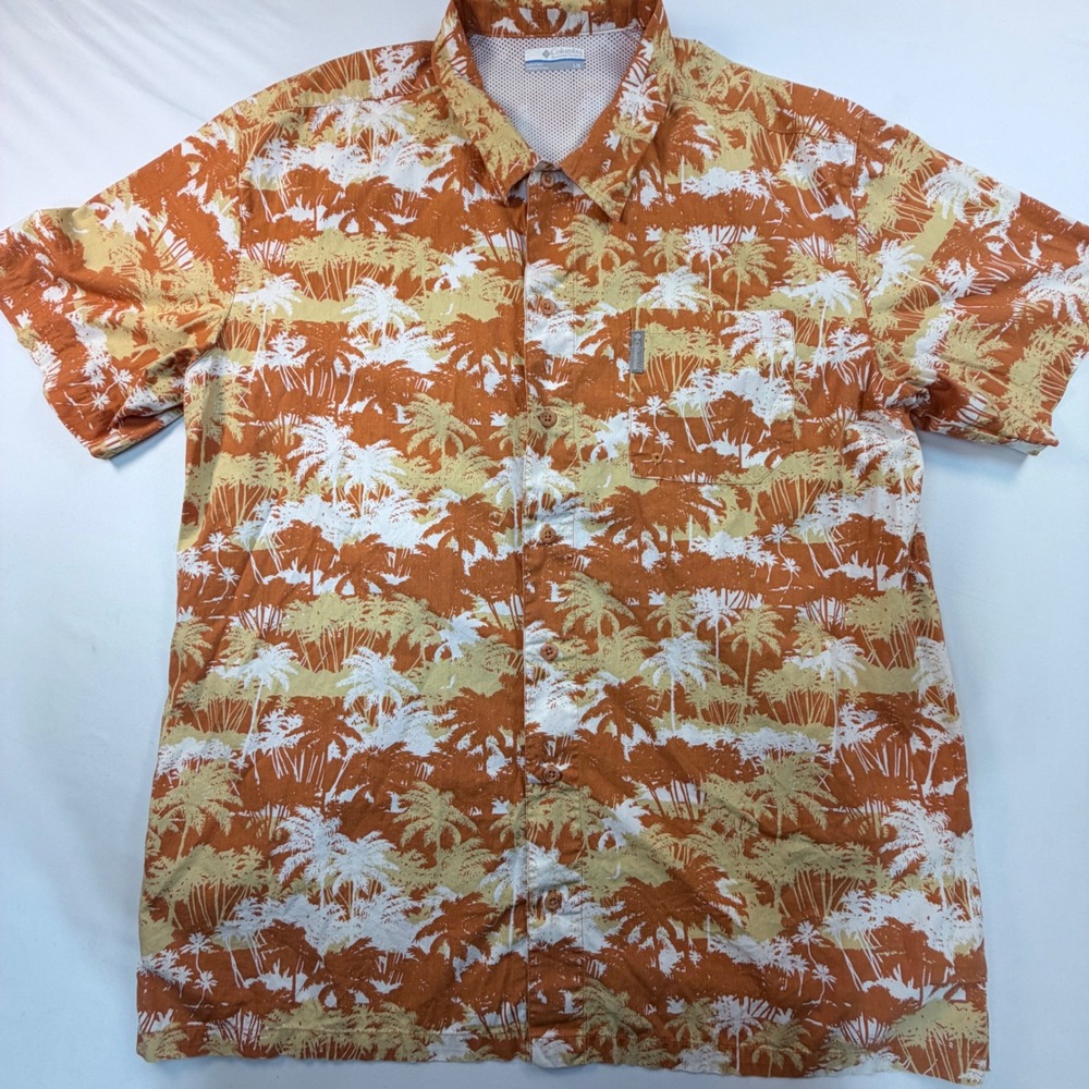 Columbia PFG Shirt Mens Large Orange Palm Tree Hawaiian Vented Fishing Button Up